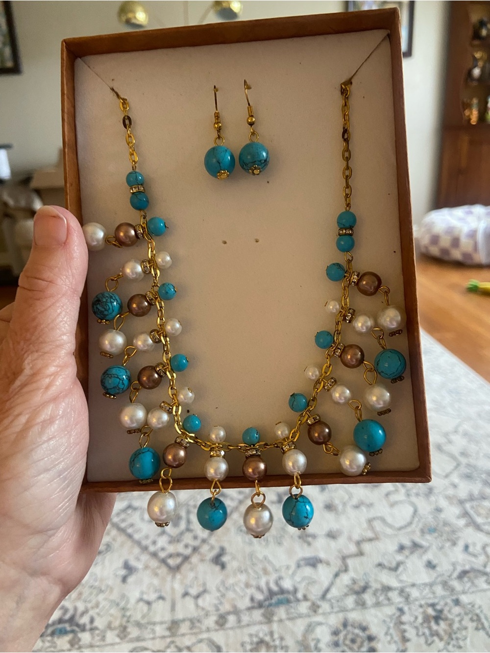 Gold-Tone Turquoise, Pearl & Bronze Bead Necklace with Matching Earrings